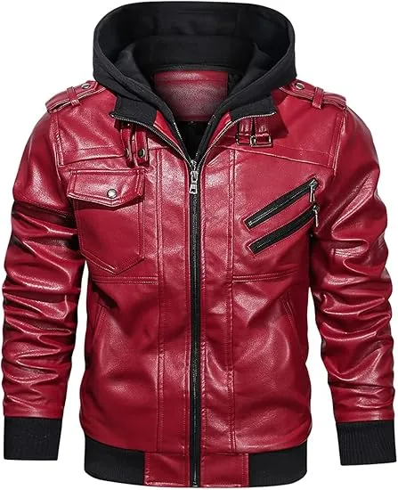 🧥 Men’s Casual Stand Collar PU Faux Leather Motorcycle Jacket with Removable Hood