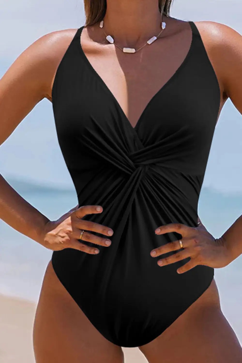 V Neck Twist Ruched One Piece Swimsuit