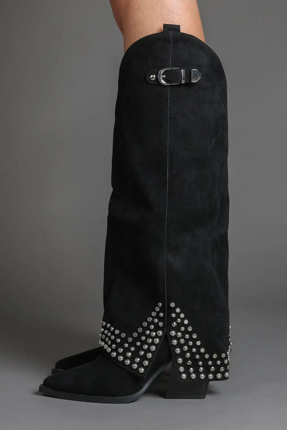 Refined Western Slouch Fold-Over Studded Knee High Boots