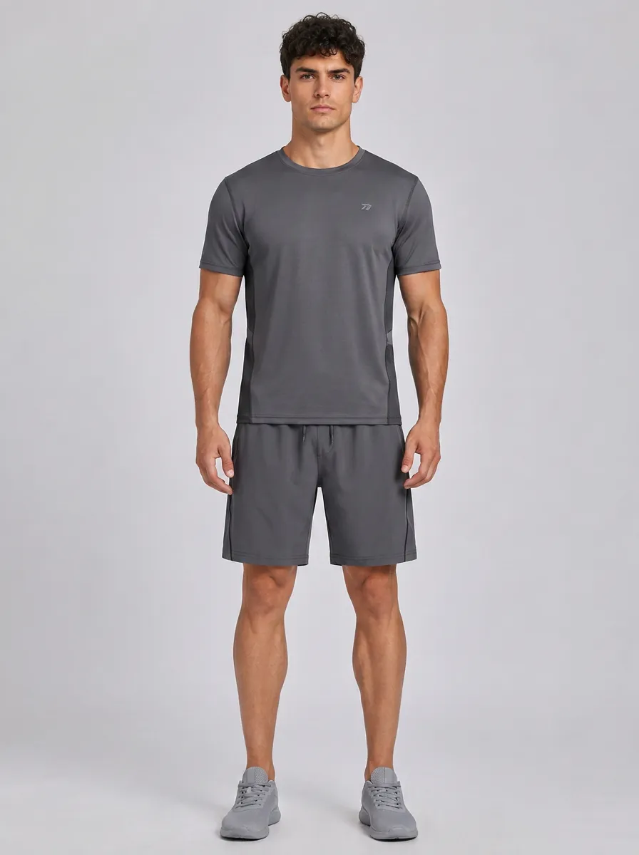 Men's Athletic Fitness Grey Solid Printed Sportswear Set