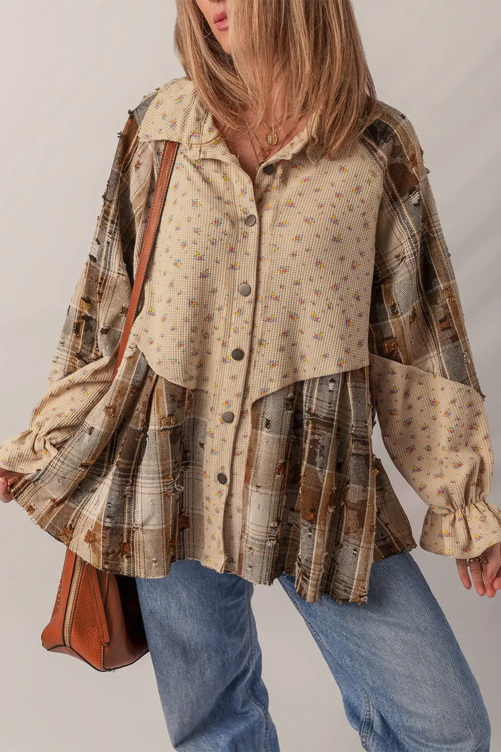 Oatmeal Boho Floral Plaid Patchwork Distressed Detail Ruffled Waffle Knit Shirt Jacket