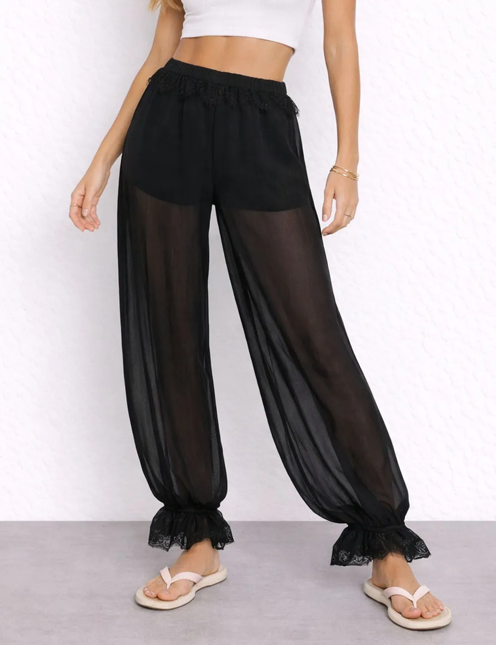 Lace Panel Elastic Waist Lantern Pants