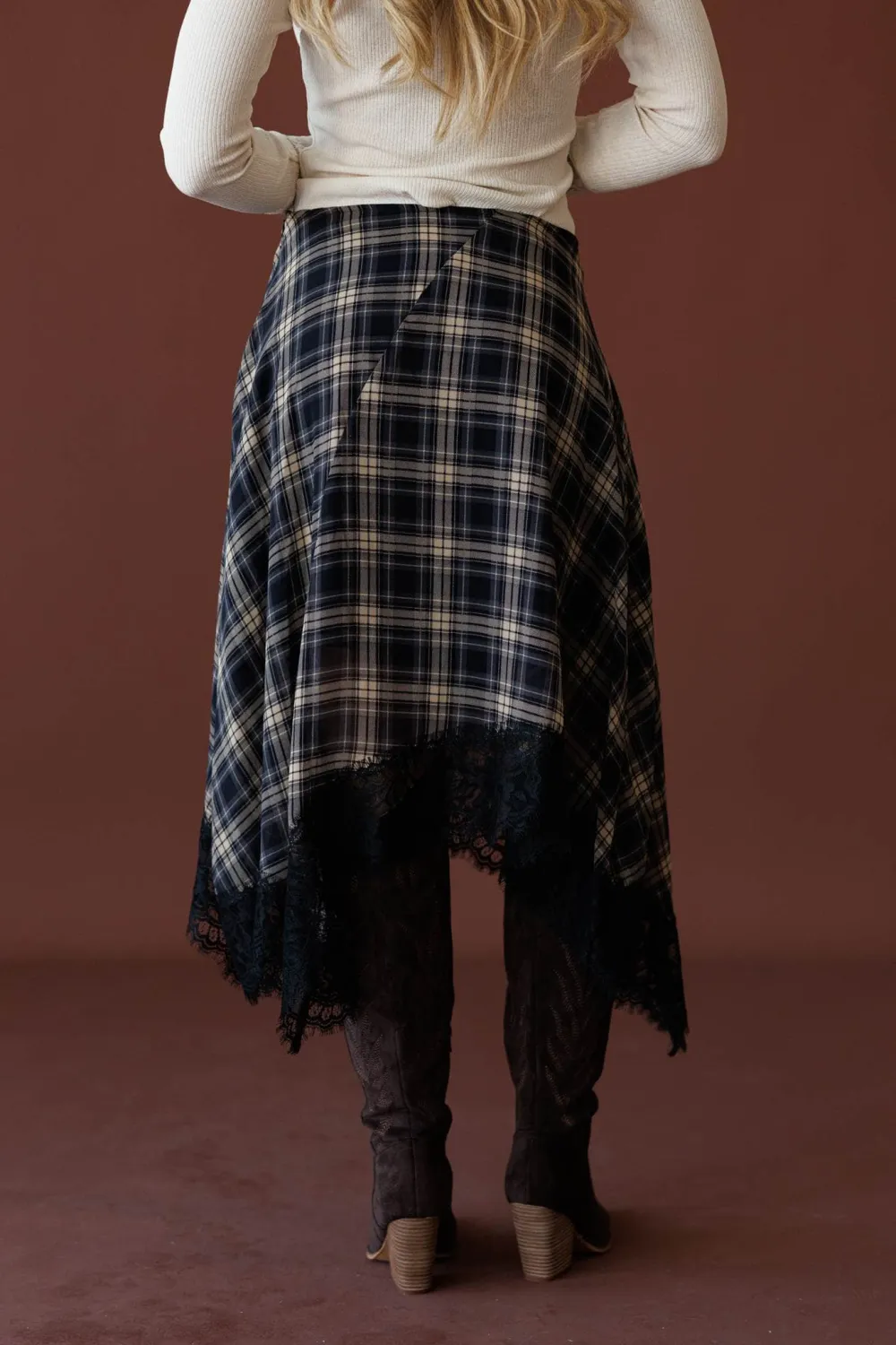 Lace Plaid Asymmetrical Skirt