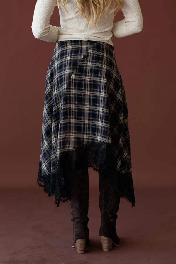 Lace Plaid Asymmetrical Skirt