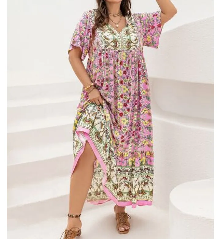 Relaxed Plus Size Floral Tie Neck Flutter Sleeve Maxi Dress