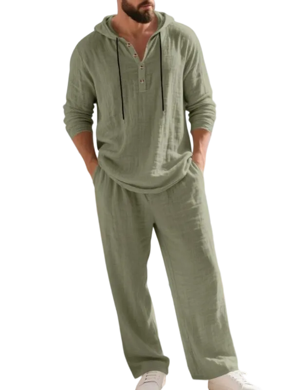 Men's fashionable linen hooded two-piece set, casual vacation style