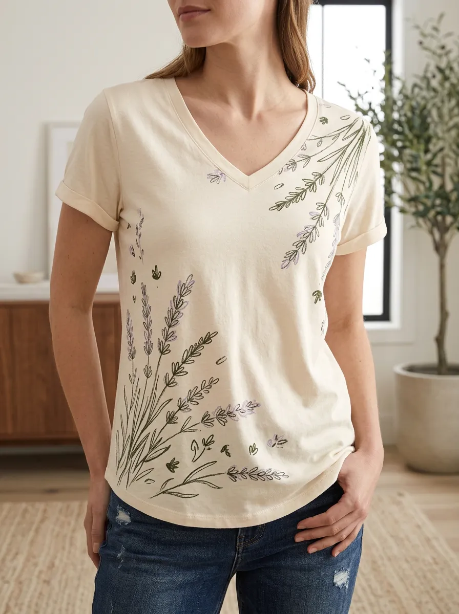 Women's Floral Nature Lover Lavender Printed V-Neck T-Shirt