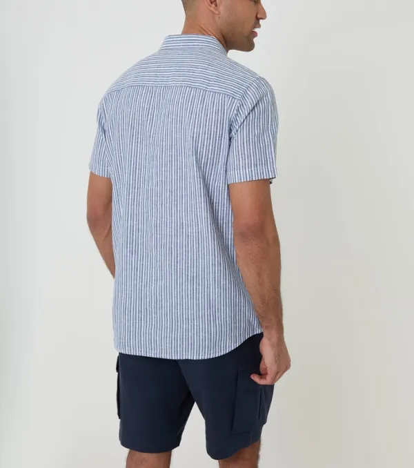 Blue Stripe Linen-Cotton Blend Short-Sleeve Shirt