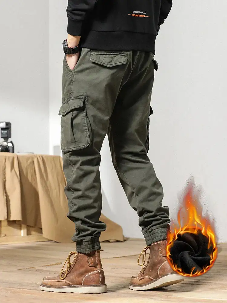 Winter Cargo Pants for Men with Fleece Lining Slim Fit Elastic Waistband