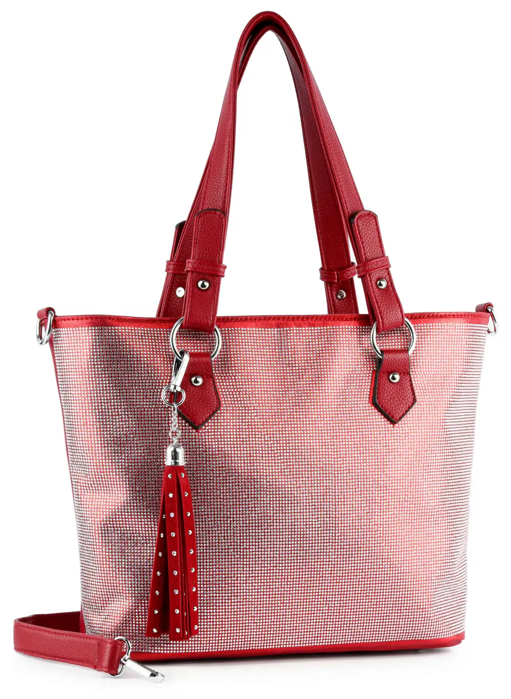 Textured Detail Crystal Accent Pocketed Faux Leather Tote Bag