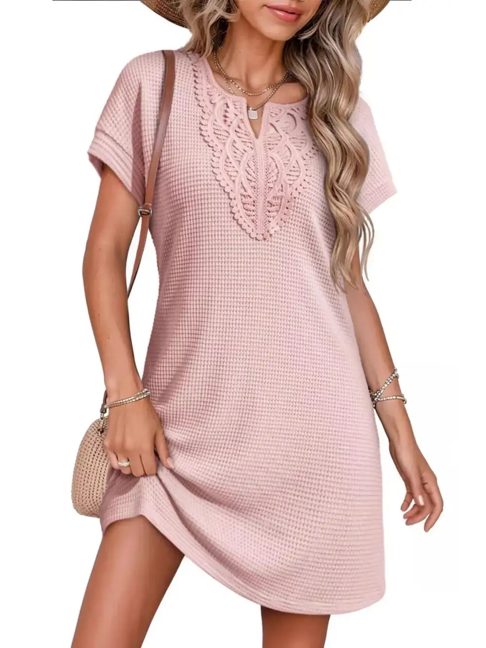 Knit Waffle Short Sleeve Sweater Dress