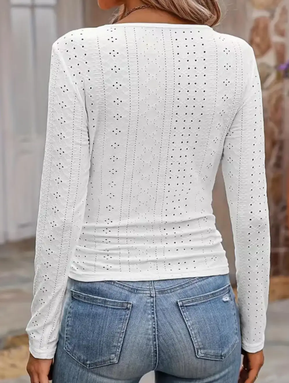 Knitted Embroidery Openwork Long Sleeve Tee
