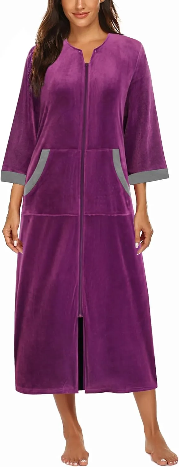 50% OFF Women Zipper Robe 3/4 Sleeves Loungewear Dress Full Length Sleepwear Pockets Housecoat Nightgown Long Bathrobe