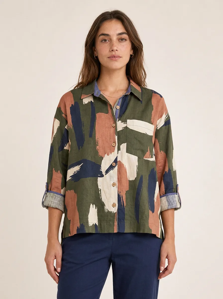 Women's Abstract Art Brushstroke Printed Button-up Shirt