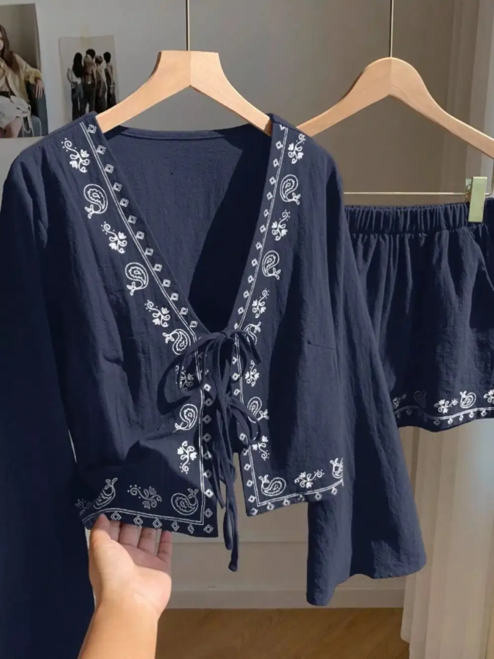 Embroidered Tie Front Top & Shorts Set