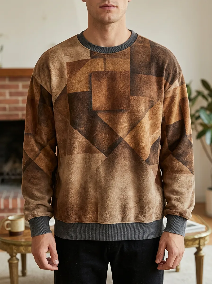 Men's Geometric Brown Patchwork Printed Fleece Sweatshirt