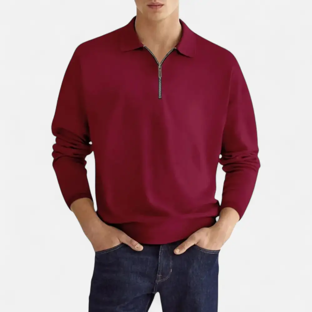 Denim Zip Collar Long Sleeve Polo Shirt