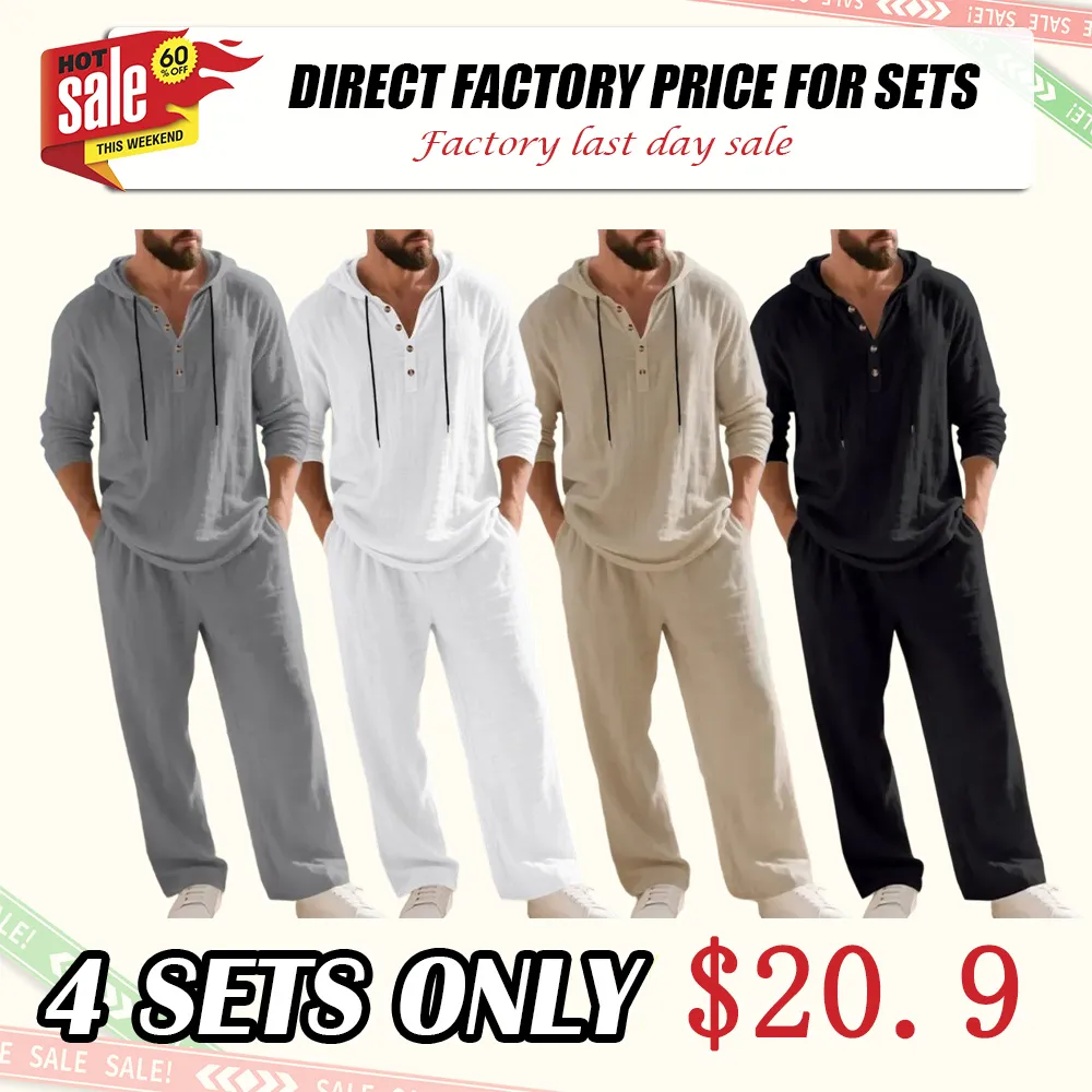 Men's fashionable linen hooded two-piece set, casual vacation style