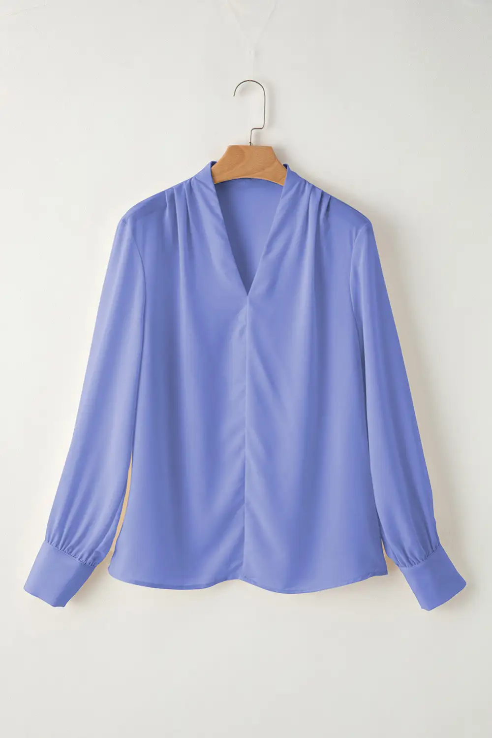 Sky Blue Solid Color V Neck Breezy Long Sleeve Blouse