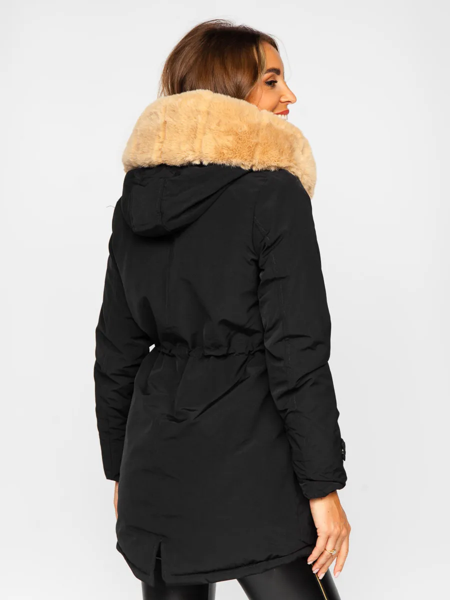 Black women's winter parka jacket with hood