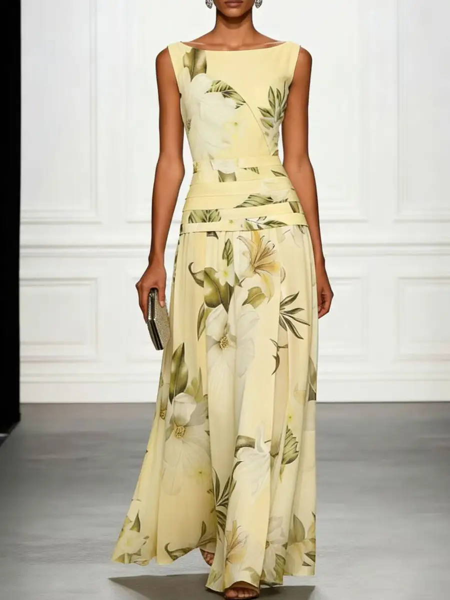 Flower Pleated Neck Maxi Dress