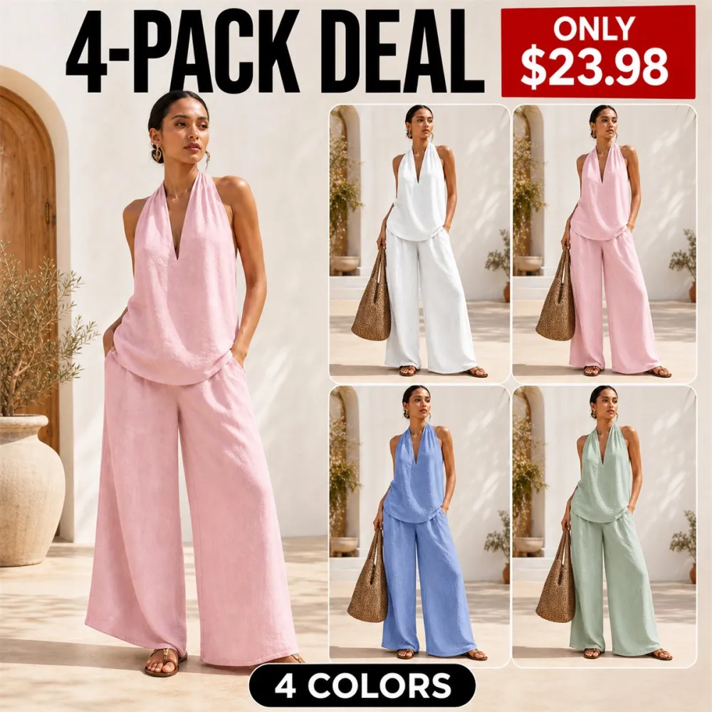 Women's Cotton Linen 2-Piece Halter Top Wide-Leg Pants Set