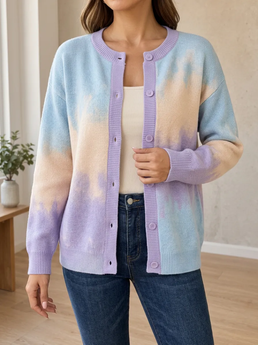 Women's Pastel Tie-Dye Pattern Printed Relaxed Fit Classic Daywear Cardigan
