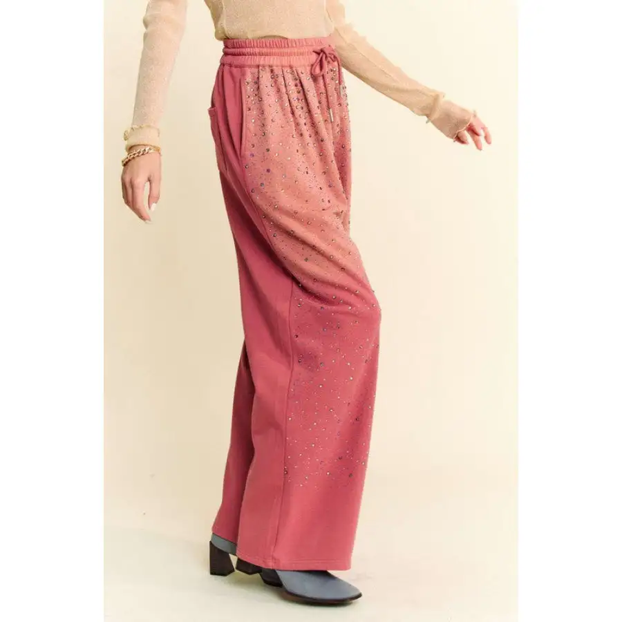 Classic Rhinestone Drawstring Wide Leg Pants