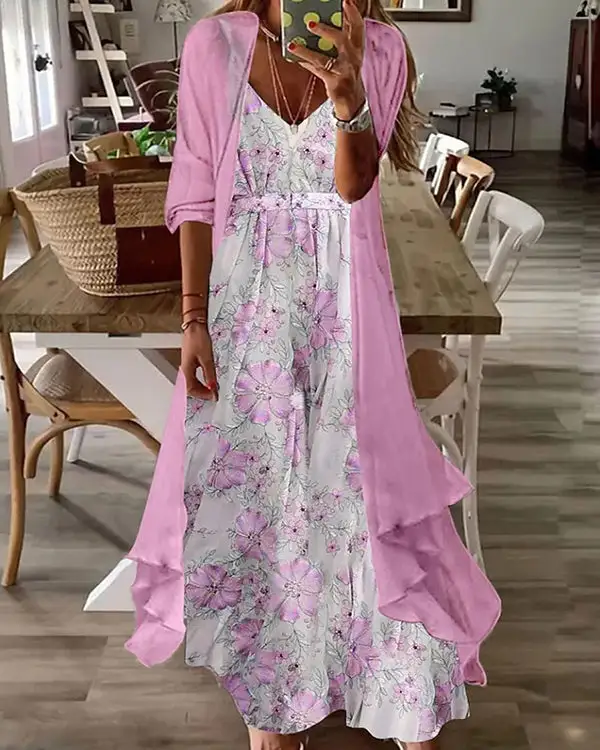 Two-piece Half-sleeve Printed Pleated Casual Sexy Dress004