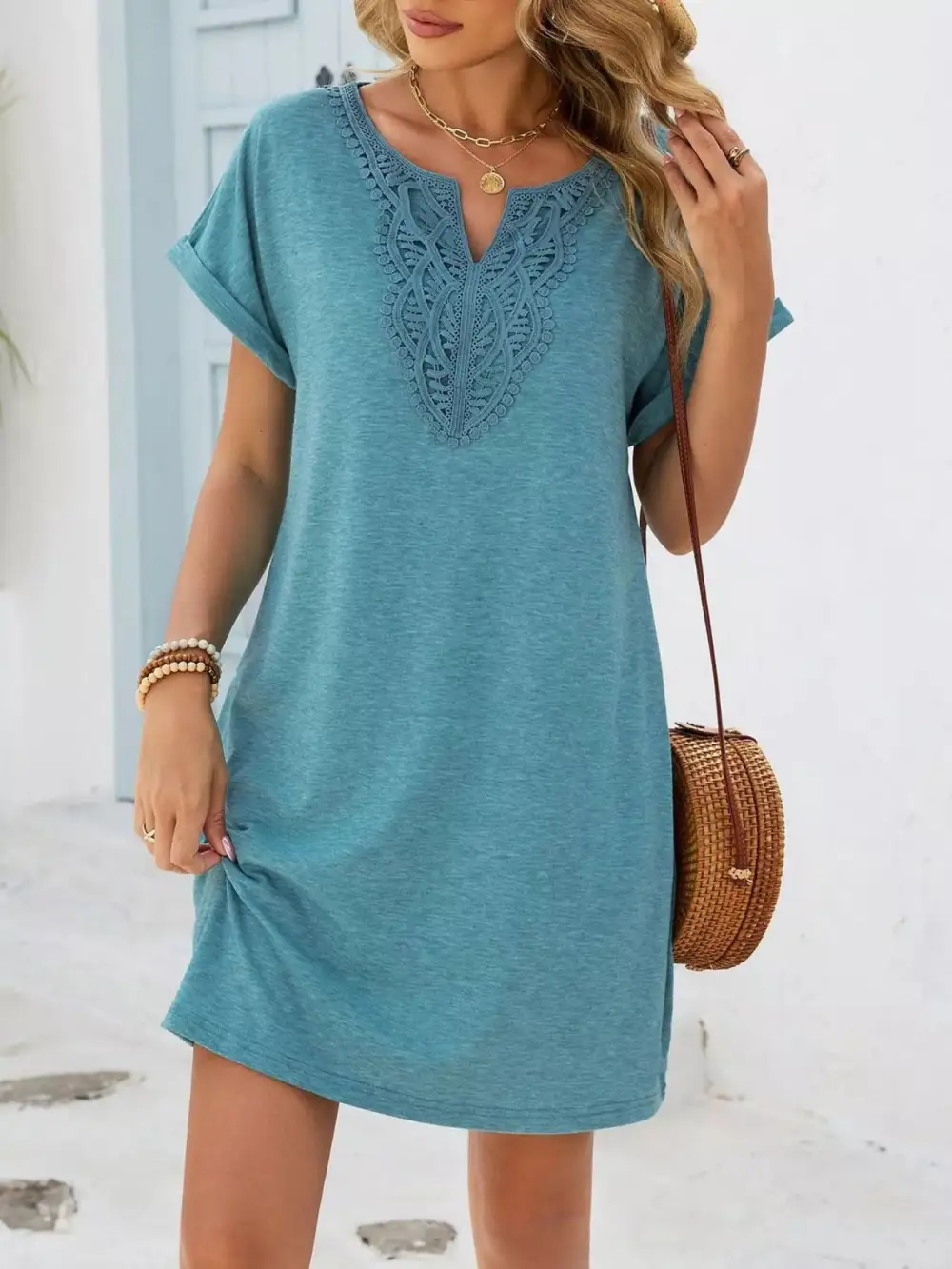 Polished Detail Lace Short Sleeve Dress