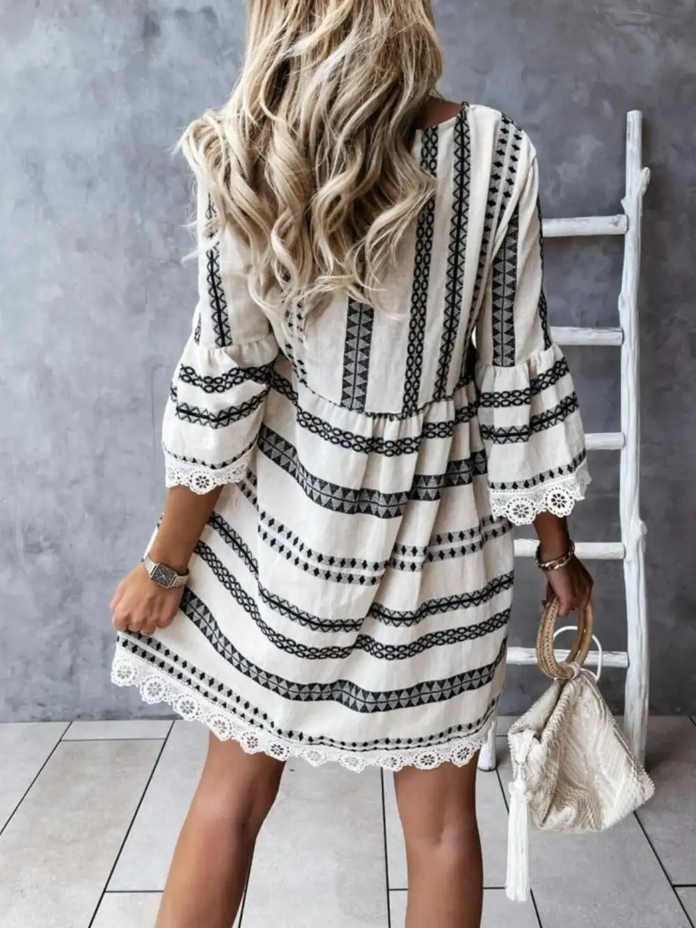 V-Neck Lace Trim Striped Midi Dress