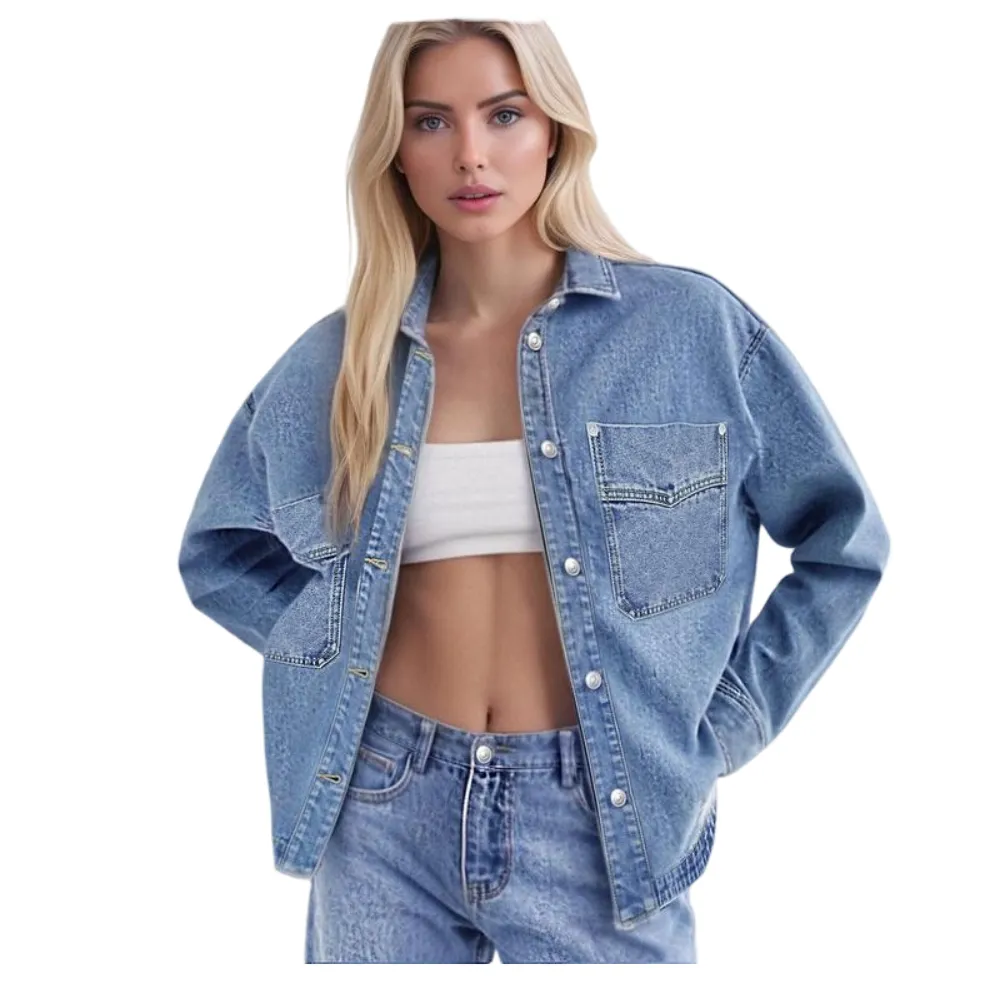 Women's Plain Button Front Drop Shoulder Curved Hem Denim Jacket