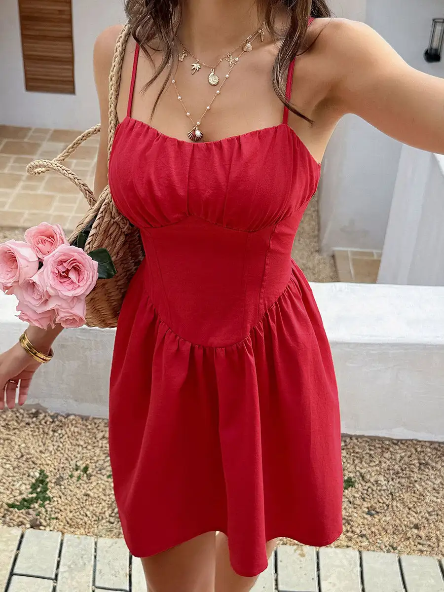 A Line Relaxed Pleated Solid Color Spaghetti Neck Mini Dress