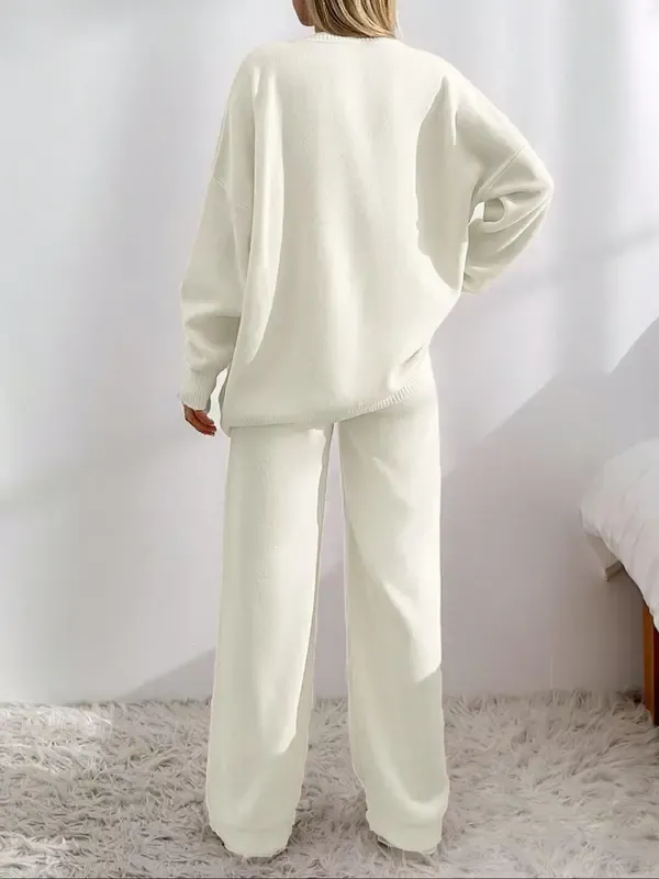 Women's Front Drop Shoulder V Neck Cardigan & Elastic Waist Wide Leg Pants Two-piece Set