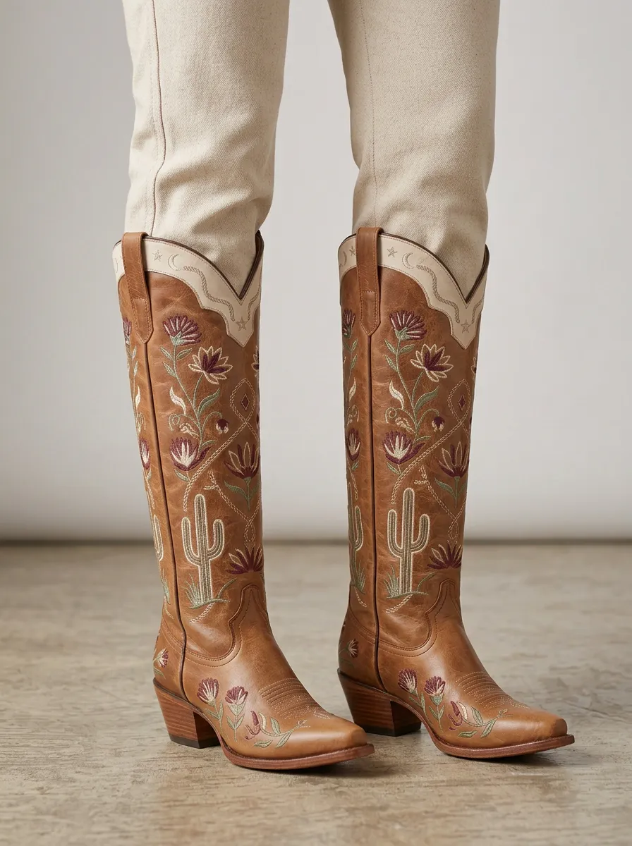 Women's Western Cactus Floral Moon Star Embroidered Pointed-Toe Denim Over-the-Knee Boots