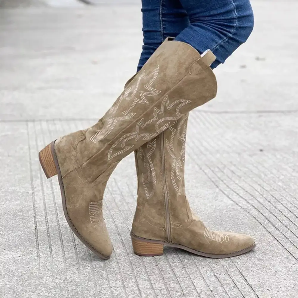 Smocked Point Toe Block Heels Boots