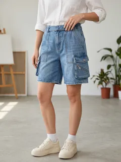 Women's Casual Streetwear Elastic Waist Multi-Pocket Denim Cargo Shorts