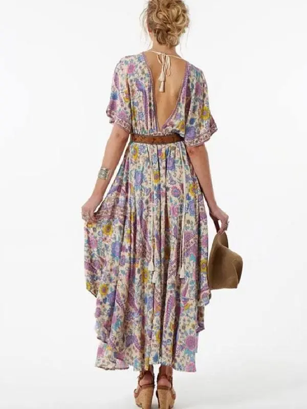 Wild Peacock & Flowers V-Neck Maxi Dress