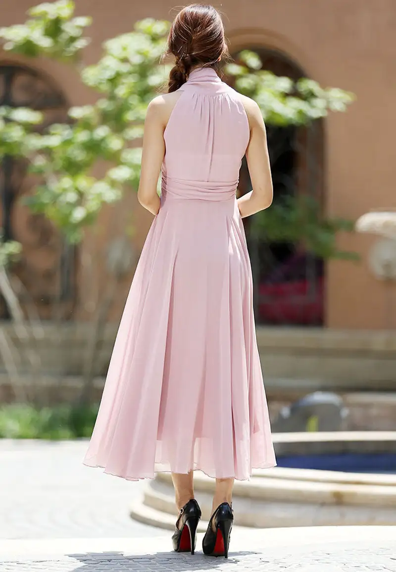 Classic Chiffon A Line Halter Neck Sleeveless Maxi Dress