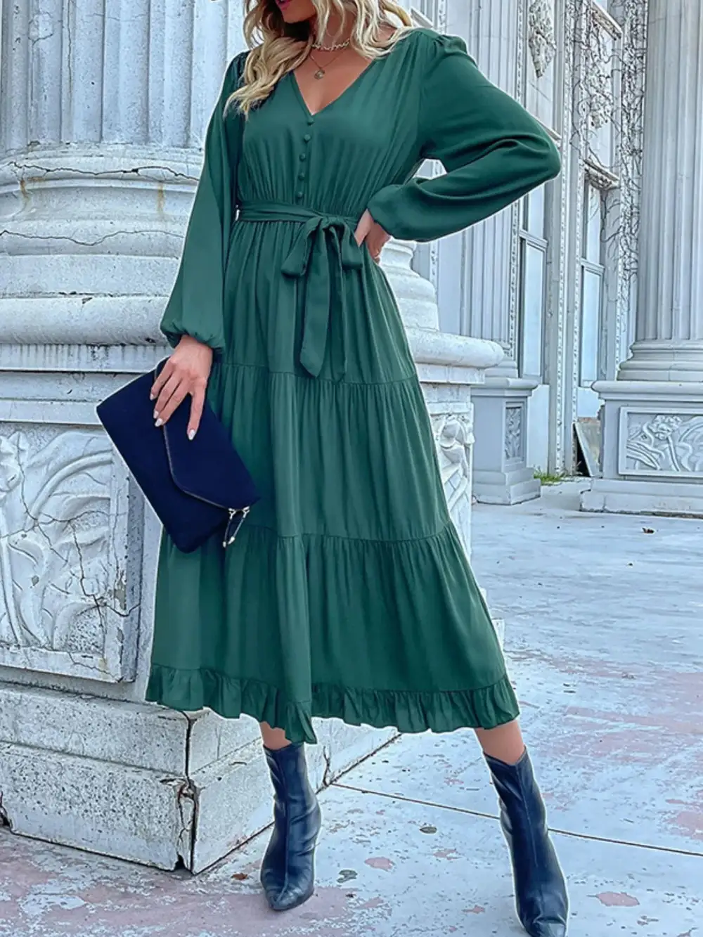 Smooth Finish V Neck Ruffle Dress