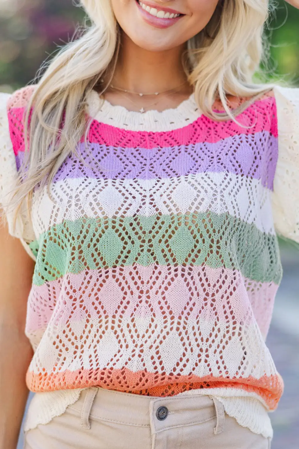 Stripe Colorblock Hollowed Knit Scallop Edge Sweater Vest