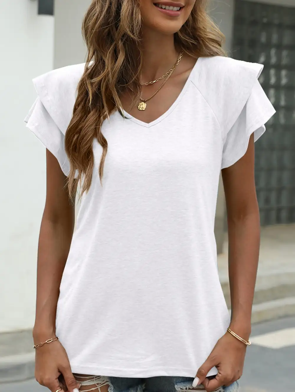 Solid Color V-Neck Ruffle Sleeve T-Shirt