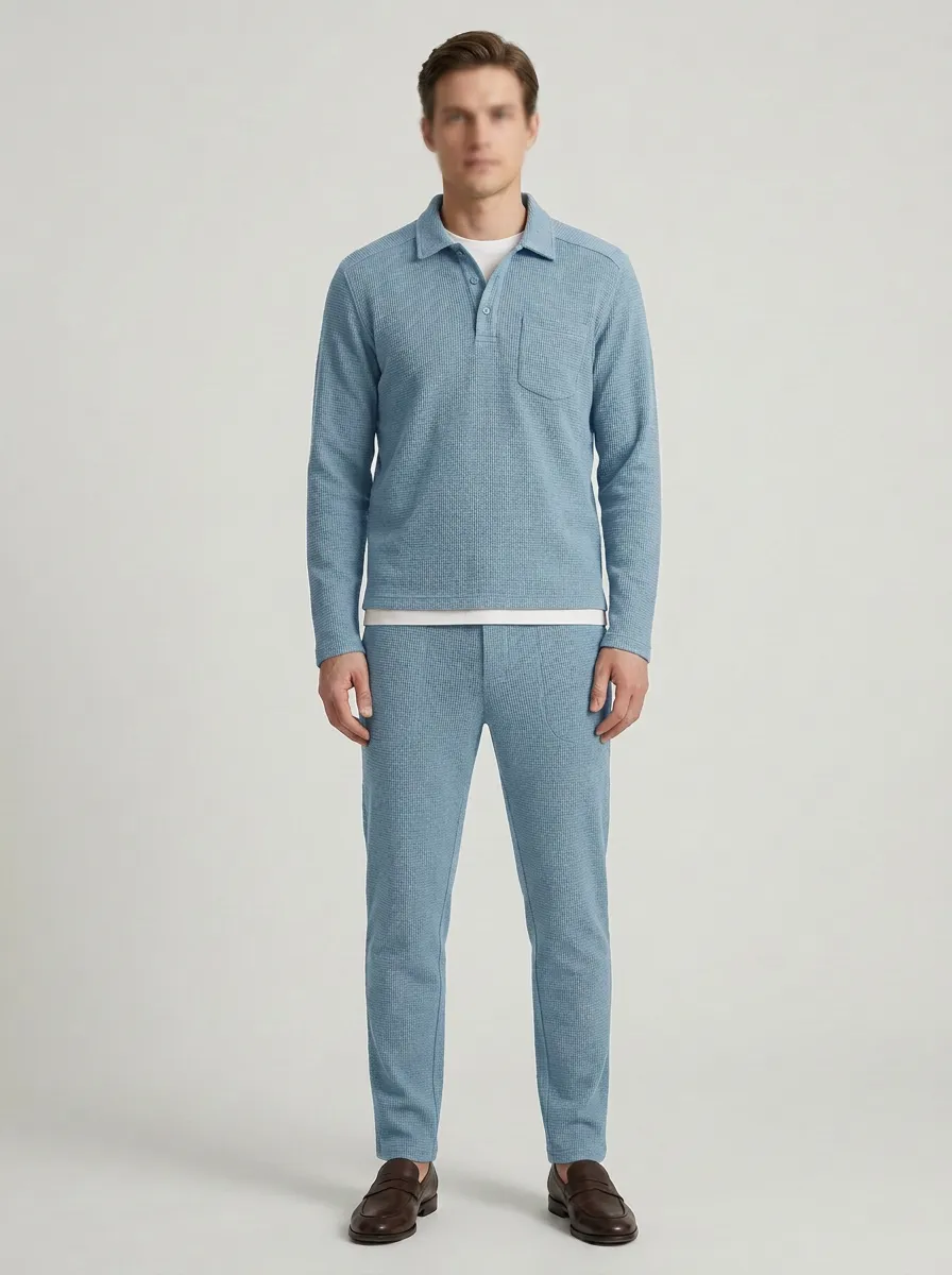 Men's Relaxed Textured Polo Collar Jacket and Jogger Pants Set