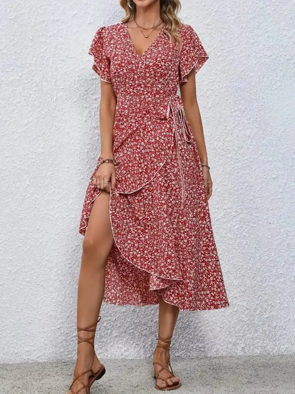 Print Ruffle Hem Wrap Midi Dress