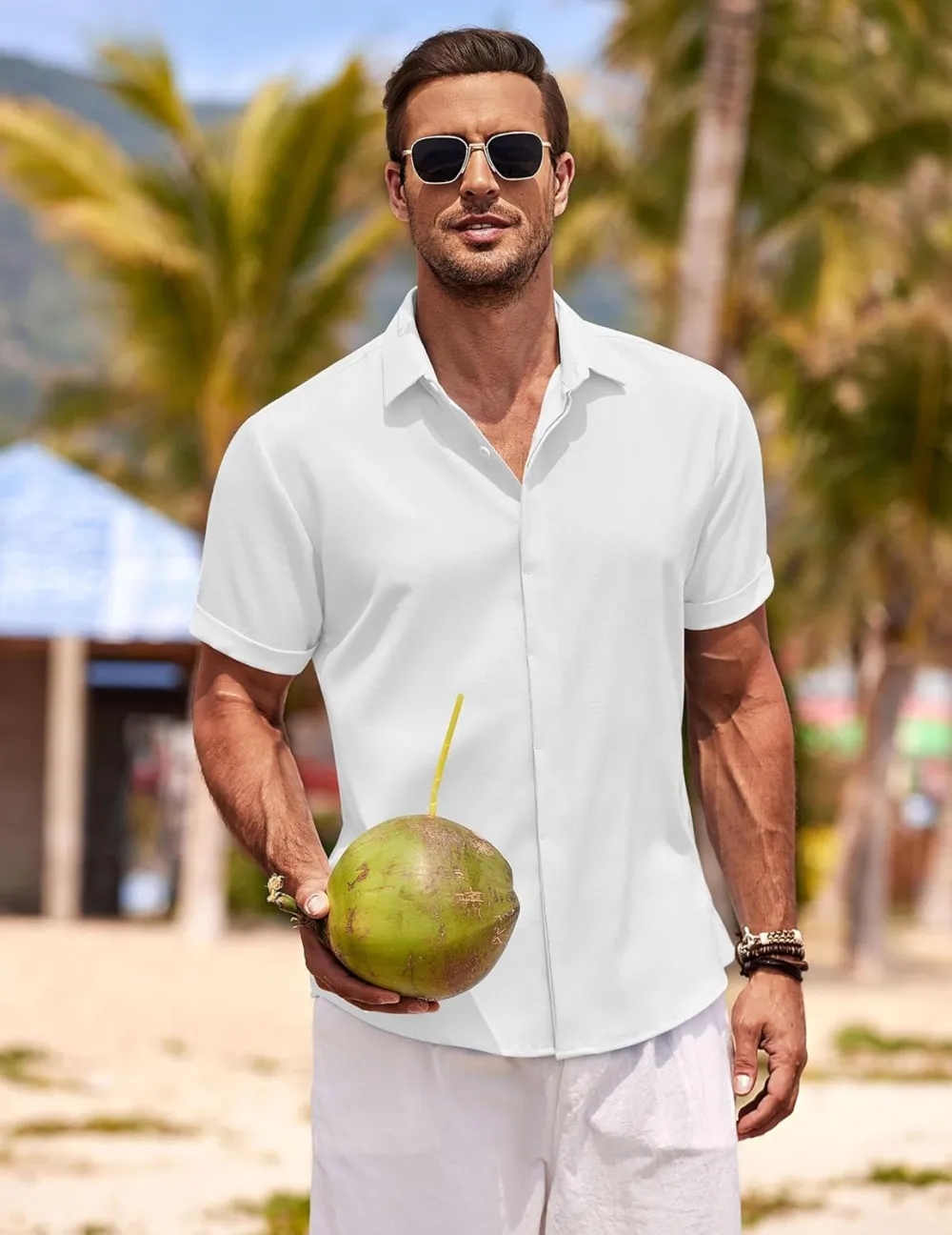 Men's Linen Shirts Short Sleeve Casual Shirts Button Down Shirt for Men Beach Summer Wedding Shirt