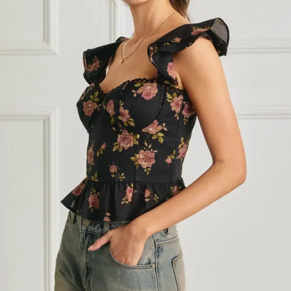 Lace Corset Flutter Top - Night Rosette