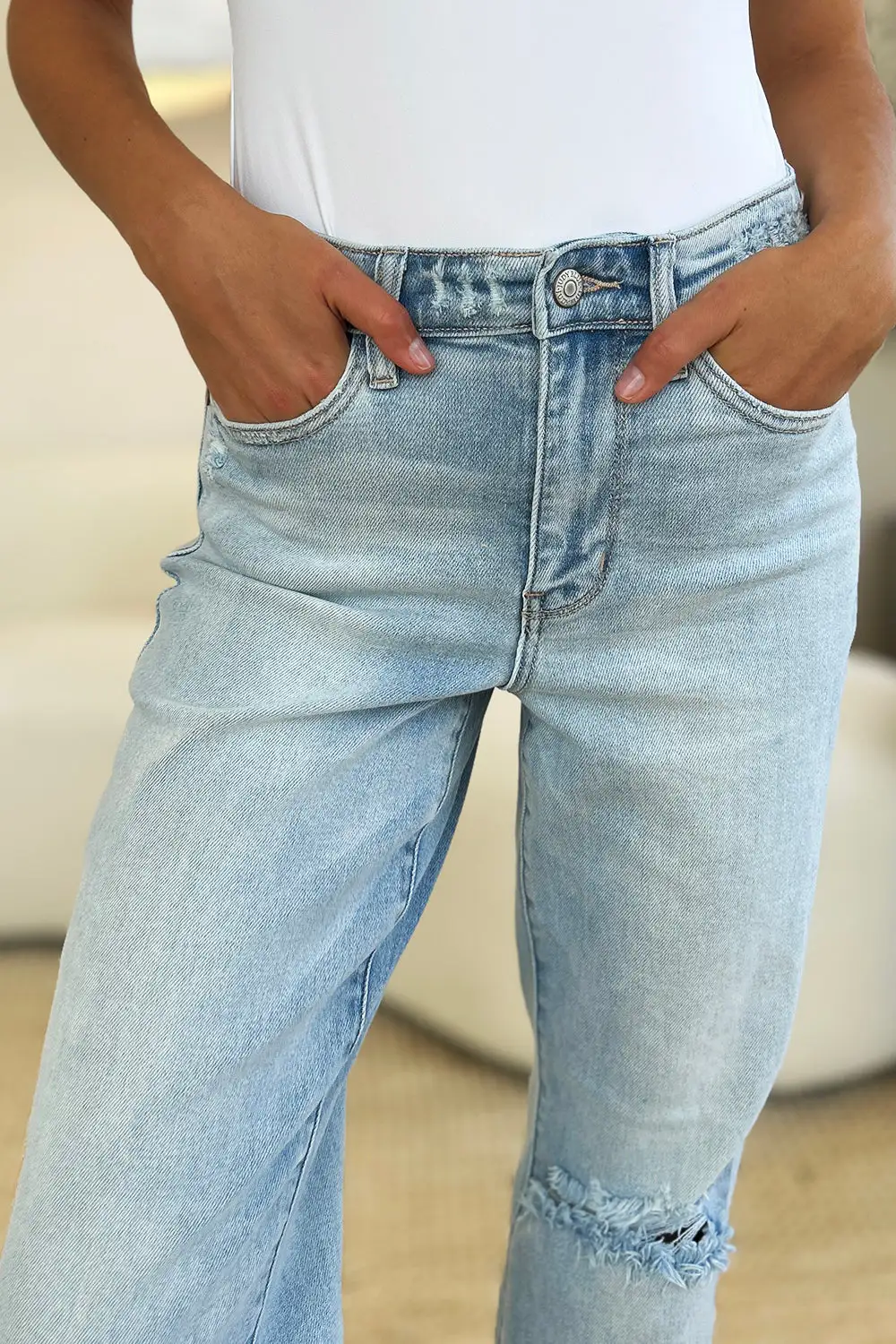 Modern High Waist Straight Leg Distressed Denim Jeans
