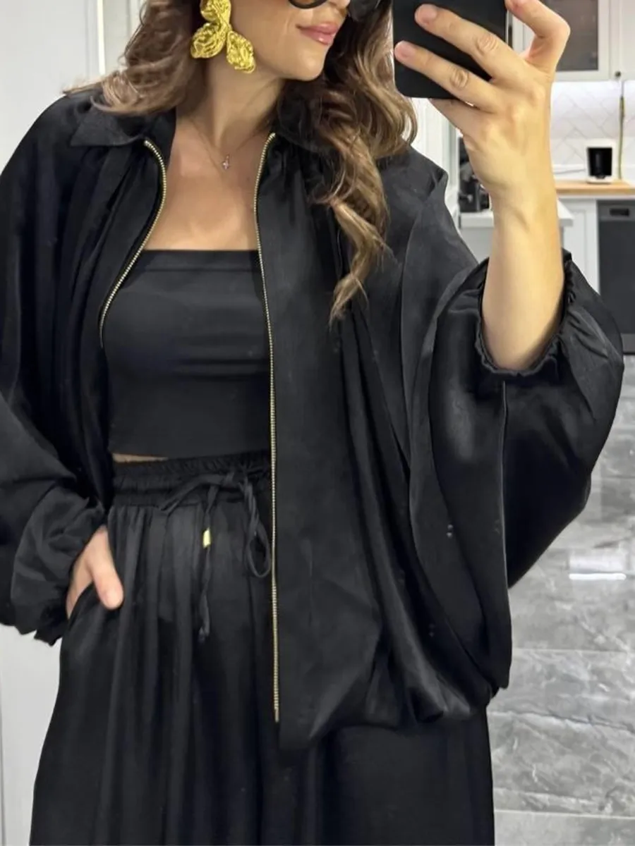 Women's solid color cross-section design casual zipper cardigan & pants set