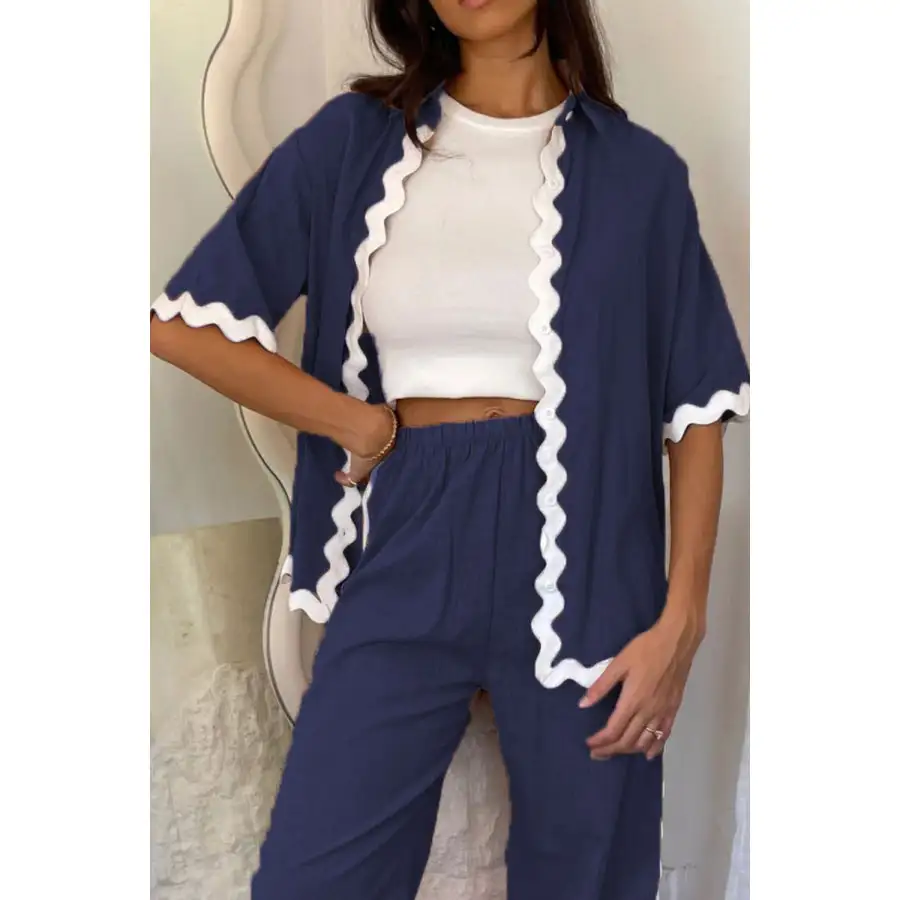 Everyday Contrast Trim Half Sleeve Top and Pants Set