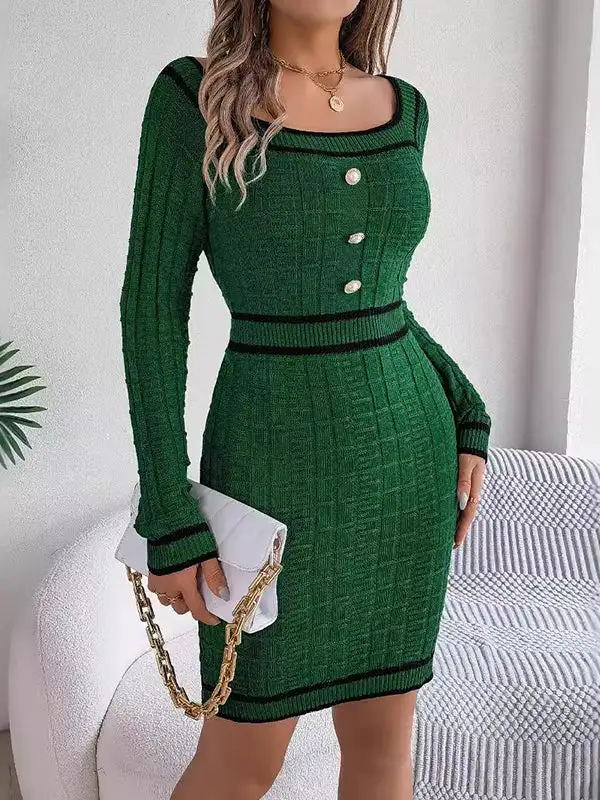 Bodycon Long Sleeve Buttoned Contrast Color Plaid Square Neck Mini Dress